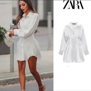 NWT Zara White Satin/Silk Effect Long Sleeve Shirt Dress Sz. MD